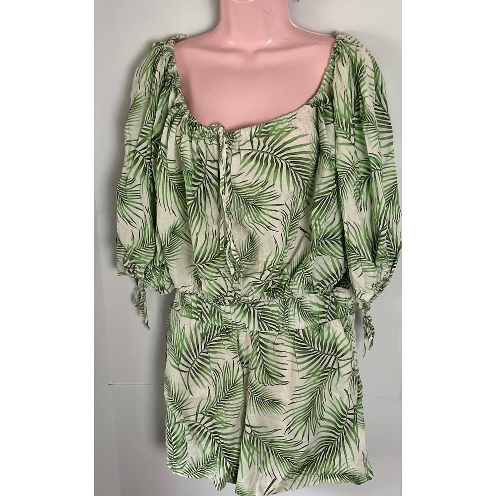Sigrid Olsen linen Womens Green Palm Print Cropped Top and Shorts set L Tropical